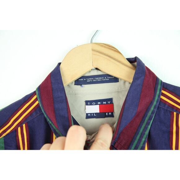 Tommy Hilfiger Mens Medium Button Down Oversize Stripe Embroidered Crest Hip Hop - Picture 6 of 9